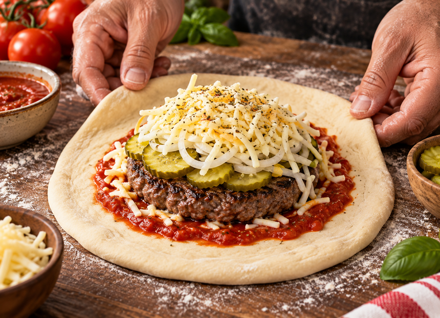 Skládání hovězího burgeru se sýrem, okurkou a cibulí do pizzového těsta