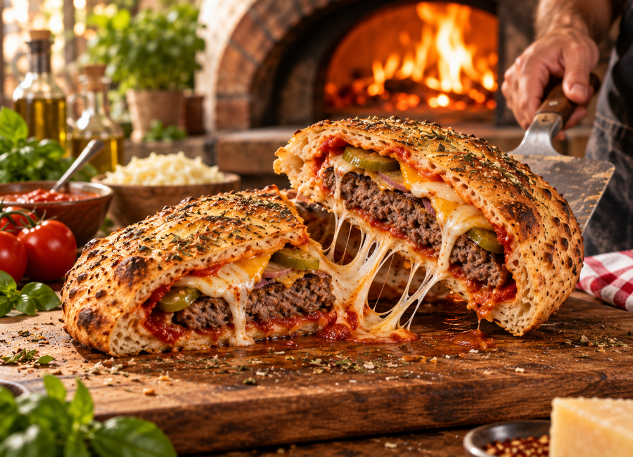 Čerstvě rozkrojený pizza burger s táhnoucím se sýrem
