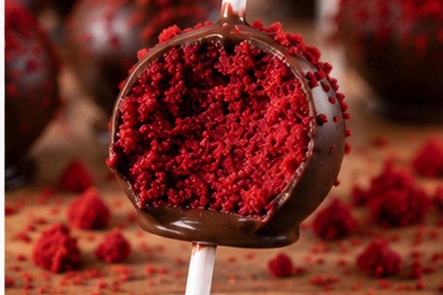 Rozkrojené dortové lízátko s červeným red velvet korpusem pod čokoládovou polevou