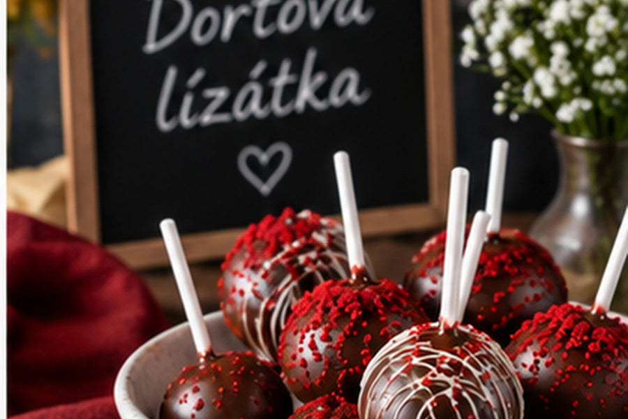 Hotová dortová lízátka s čokoládovou polevou a červeným zdobením