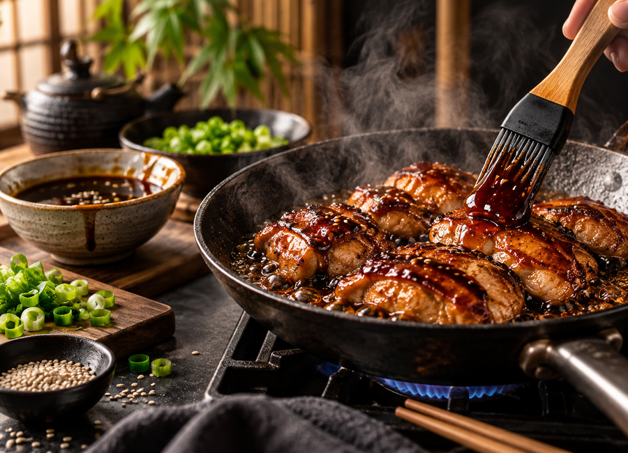 Glazování kuřete domácí teriyaki omáčkou na pánvi