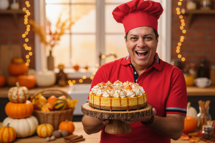 Nepečený dýňový cheesecake s pumpkin spice, šlehačkou a karamelovou omáčkou