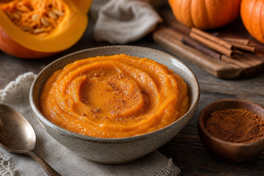 Naservírovaný recept Domácí dýňové pyré a dýňové koření na stole.
