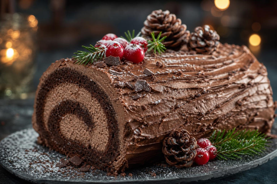 Detail textury a ozdoby receptu Bûche de Noël – francouzská vánoční roláda.