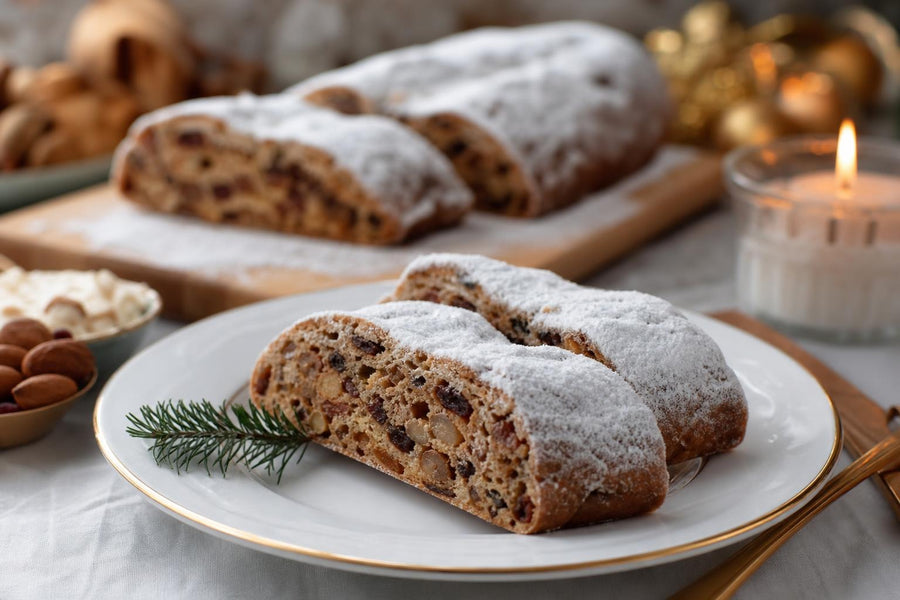 Naservírovaný recept Drážďanská vánoční štola na stole.