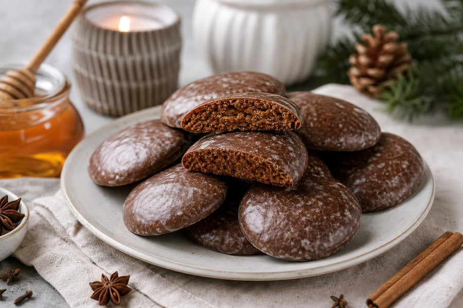 Naservírovaný recept Měkké vánoční medové perníčky na stole.