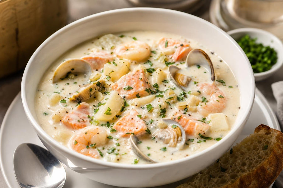 Naservírovaný recept Slavnostní rybí chowder ze Seattlu na stole.