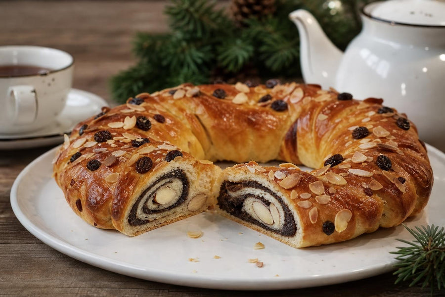 Naservírovaný recept Vánoční věnec Kerstkrans s mandlovou náplní na stole.