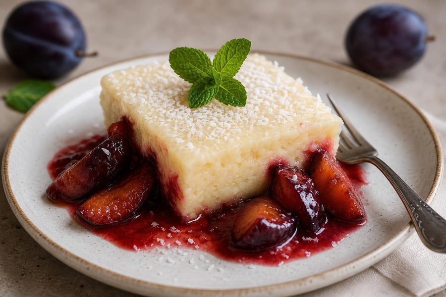 Naservírovaný recept Brazilský kokosový krém se švestkami na stole.