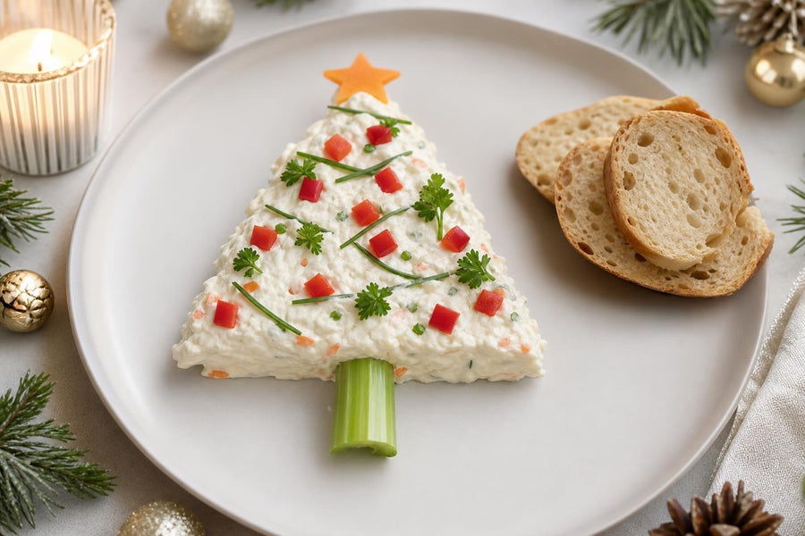 Naservírovaný recept Sýrová pomazánka ve tvaru vánočního stromečku na stole.