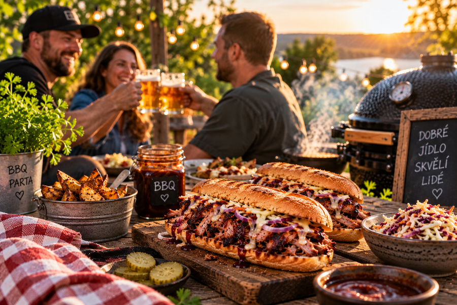 Letní zahradní grilování s BBQ sendviči a přáteli u stolu
