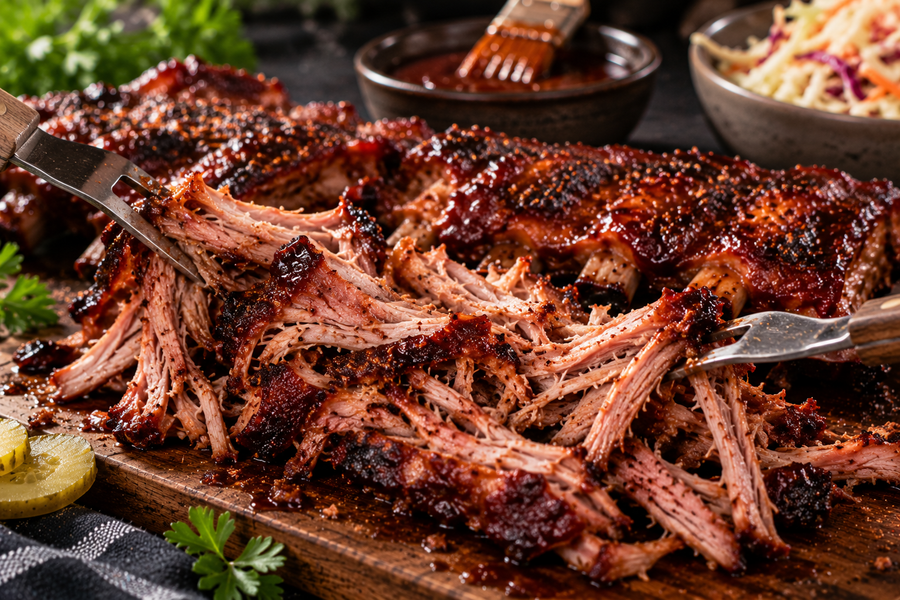 Detail šťavnatého masa ze žeber s BBQ glazurou po upečení