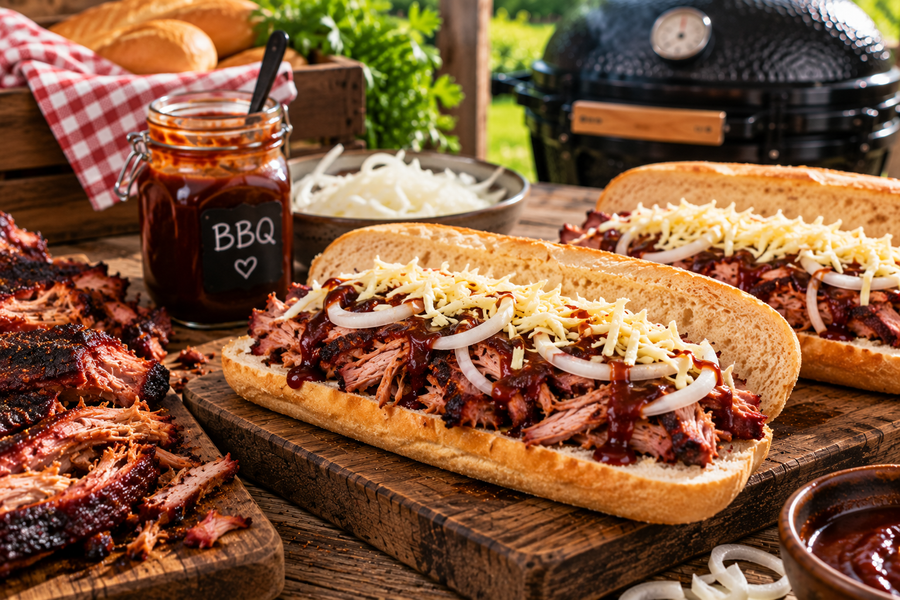 Podlouhlé pečivo plněné masem ze žeber, BBQ omáčkou, cibulí a sýrem