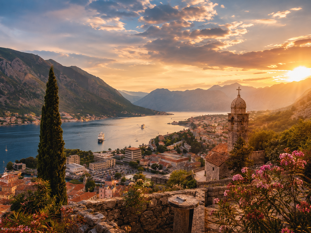 Panoramatický pohled na Boku Kotorskou s modrým mořem, horami a historickým městem