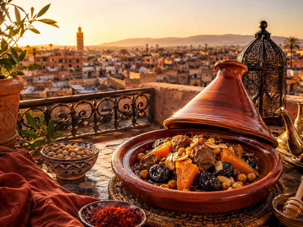 Marocký podzimní tajine s dýní, sušenými švestkami, cizrnou a mandlemi na střešní terase nad Marrákešem