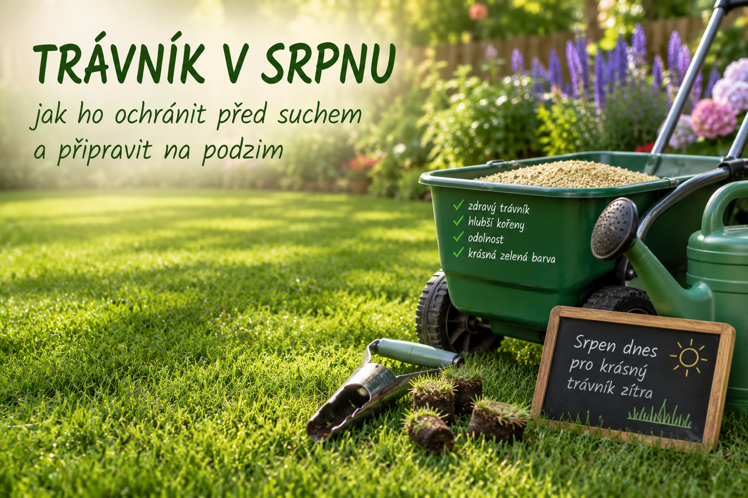 Světlá letní zahrada se zeleným trávníkem, zavlažováním, konví a pomůckami pro srpnovou péči