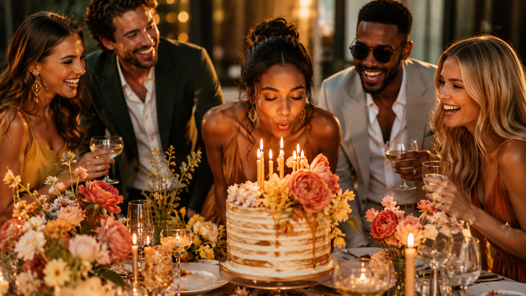 Elegant birthday cake with candles at a stylish adult birthday celebration