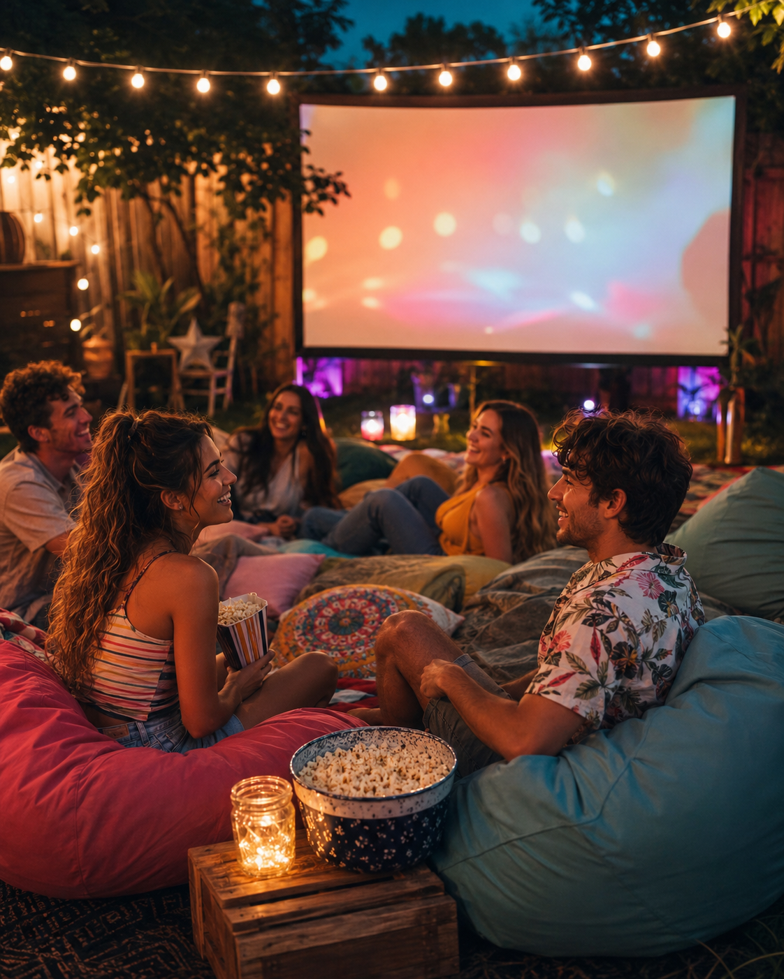 Mladí přátelé na barevných sedacích vacích před moderním venkovním filmovým plátnem