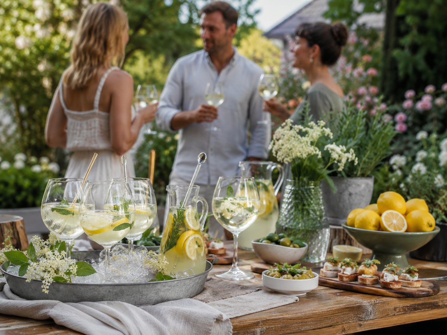 Letní welcome drinks stanice na zahradě s limonádou, citrony, sklenkami a hosty v pozadí