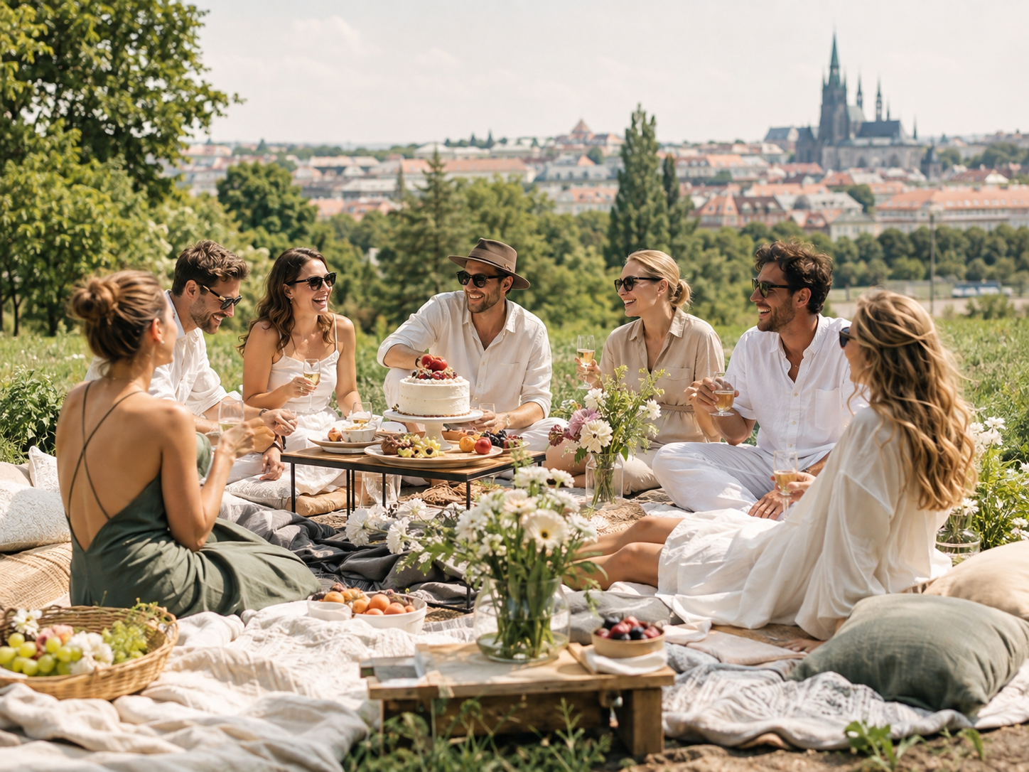 Moderní narozeninový piknik pro dospělé s přáteli, dortem, nízkými stolky a květinami v českém parku