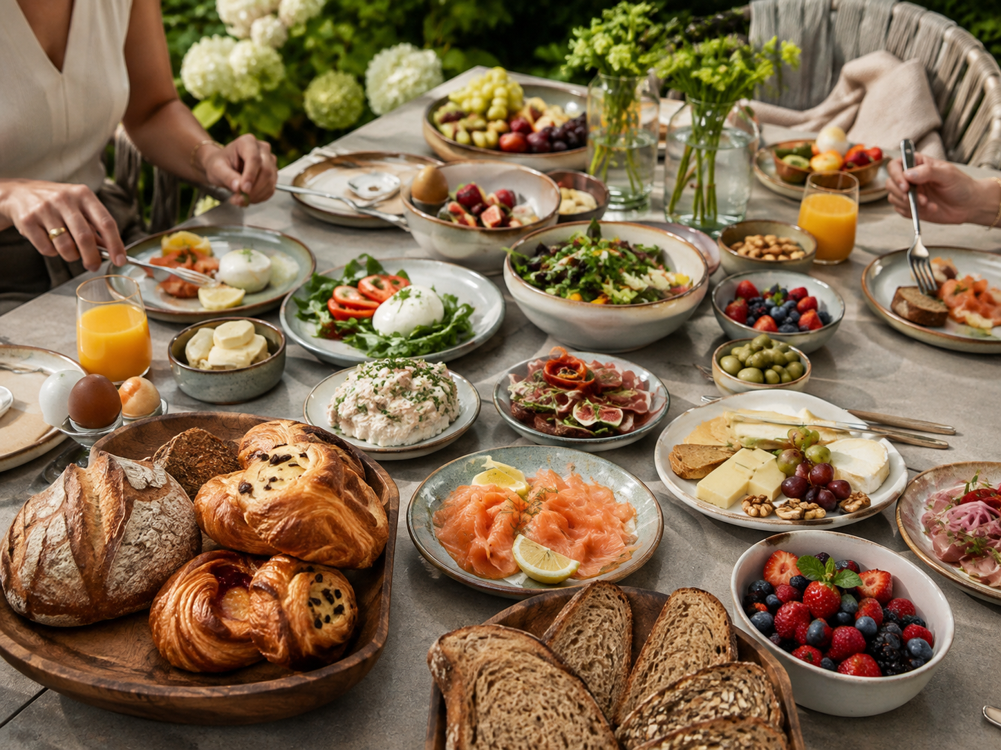 Moderní letní brunch pro přátele na zahradě s bohatým stolem, květinami a přirozenou atmosférou