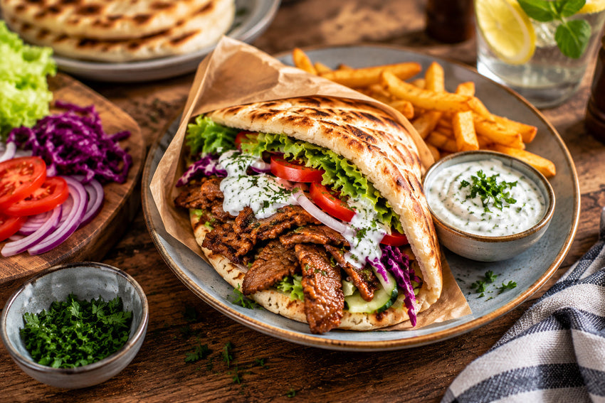 Domácí döner kebab s čerstvým chlebem a jogurtovou omáčkou