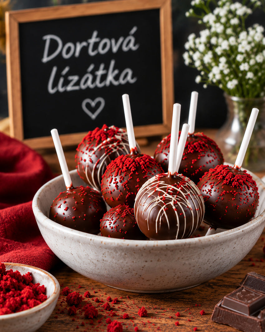 Dortová lízátka z red velvet korpusu s čokoládou