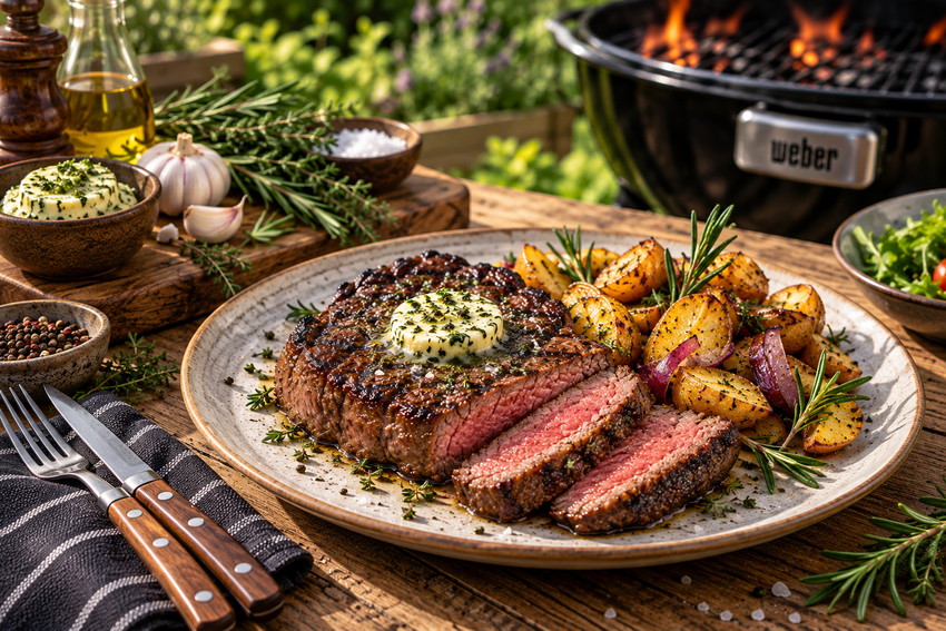 Grilovaný hovězí steak s bylinkovým máslem a bramborami