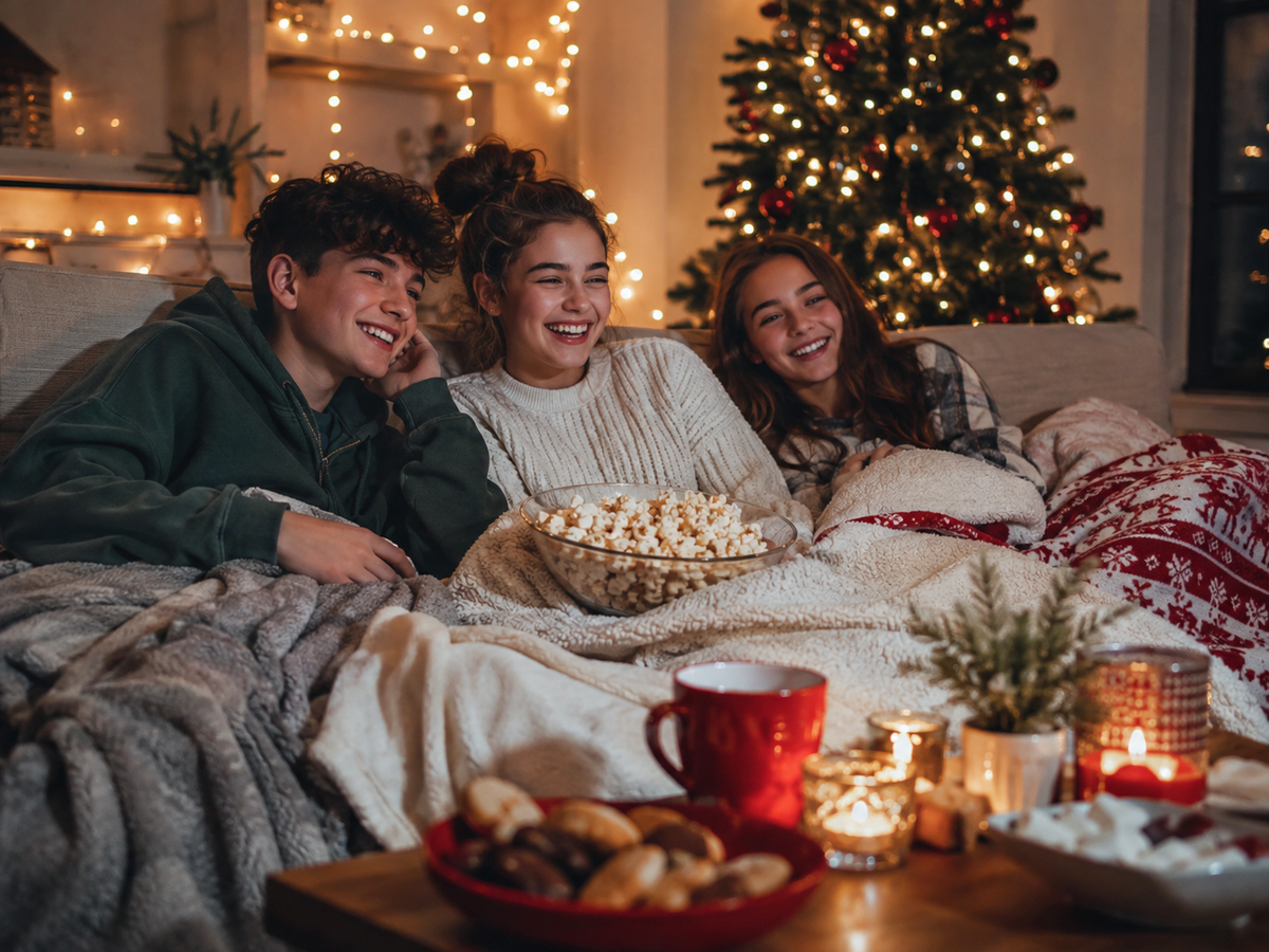 Skupina teenagerů sleduje vánoční film v pyžamech a s popcornem