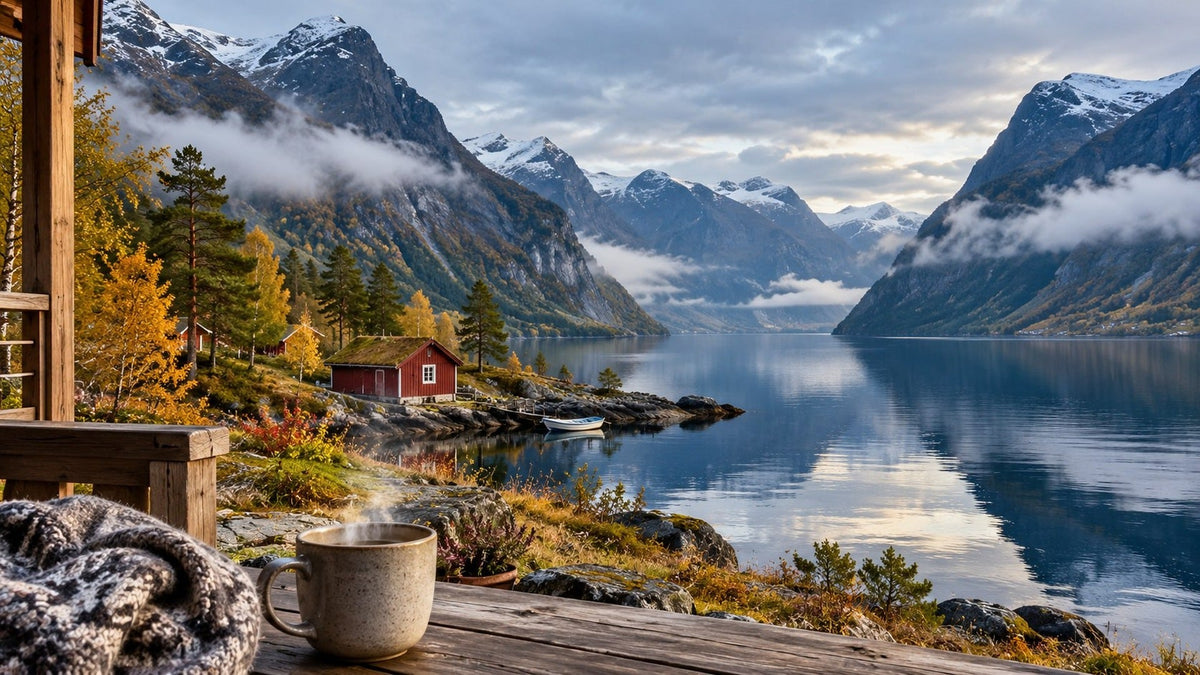 Tichý norský fjord s dřevěnou chatou pod horami a podzimními stromy