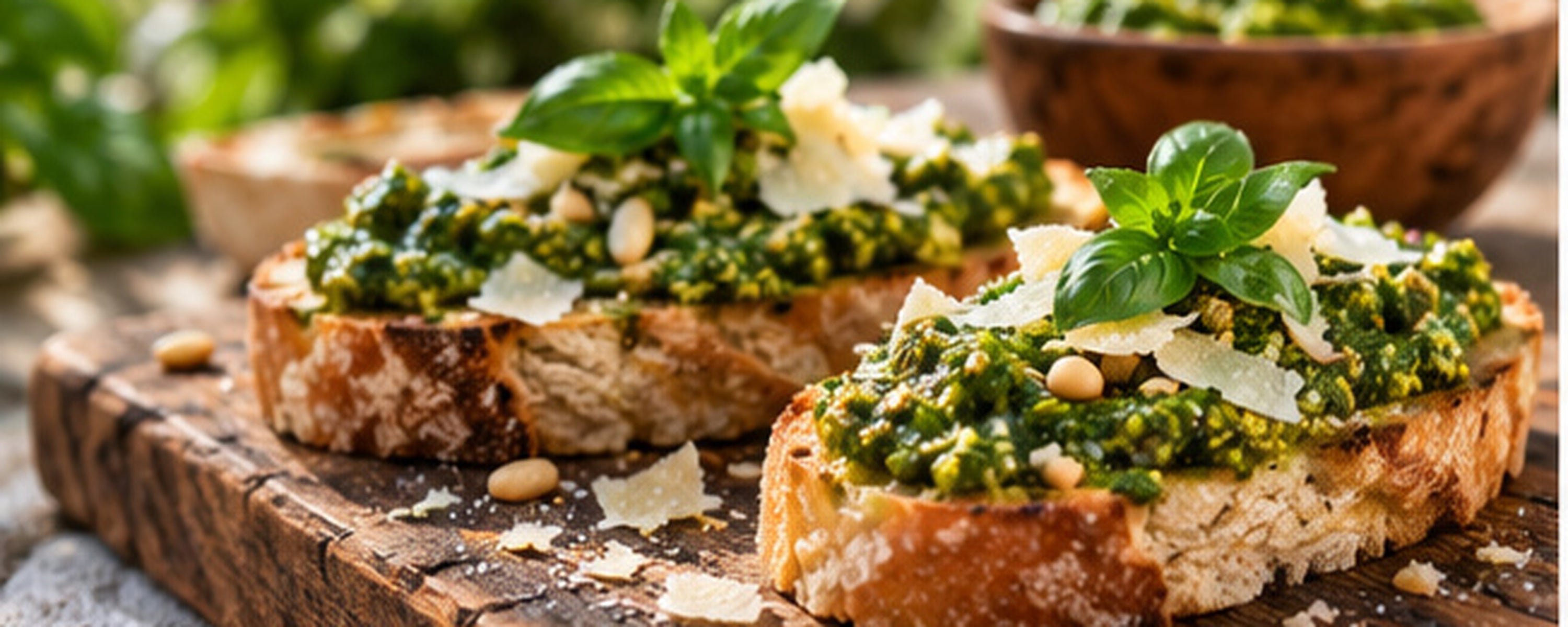 Crostini s domácím bazalkovým pestem, parmazánem, piniovými oříšky a čerstvou bazalkou