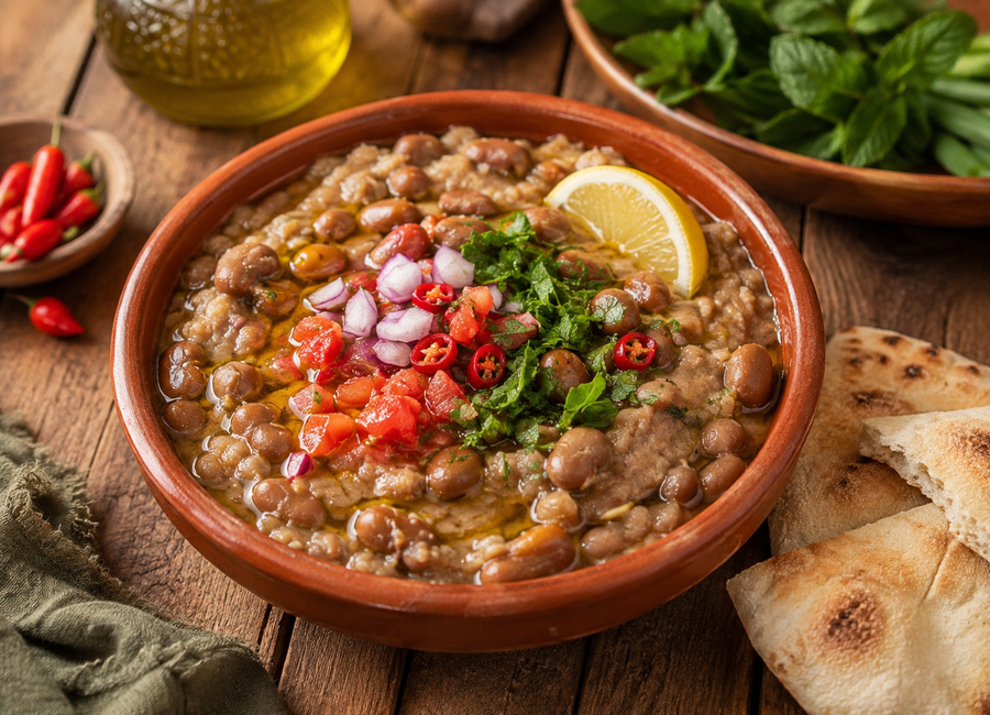 Ful Medames v terakotové misce s fava fazolemi, citronem, chilli a čerstvými bylinkami