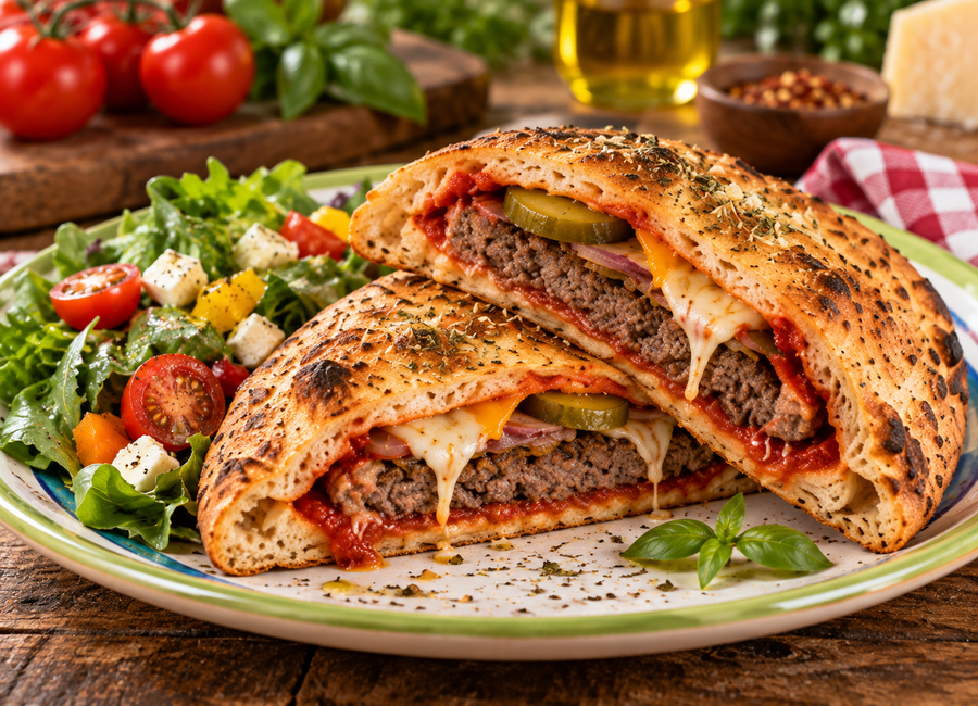 Rozkrojený pizza burger s hovězím masem, sýrem, okurkou a salátem