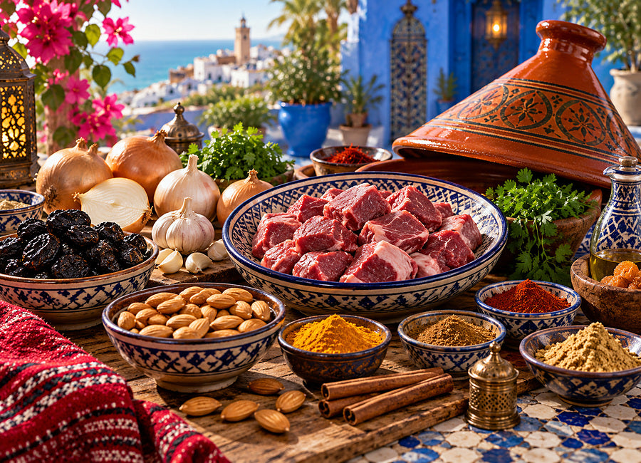 Jehněčí maso, cibule, česnek, švestky, mandle a marocké koření připravené na tajine