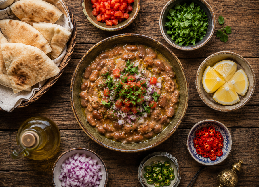 Egyptský Ful Medames z ptačí perspektivy s pita chlebem, zeleninou, citronem a olivovým olejem
