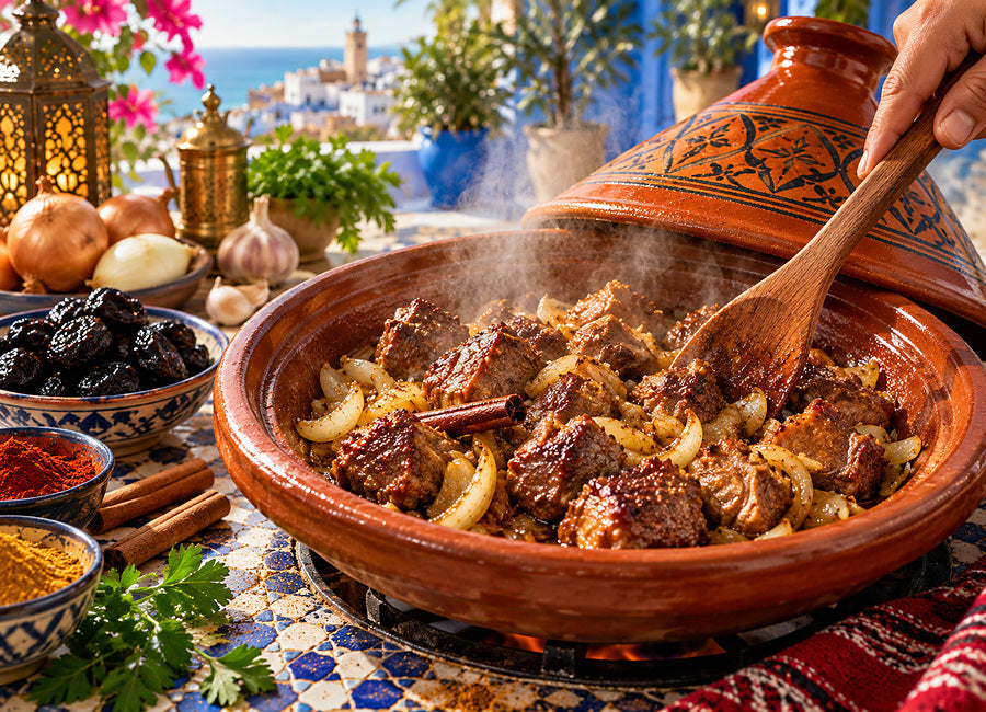 Jehněčí maso s cibulí a kořením se opéká v marockém tajine