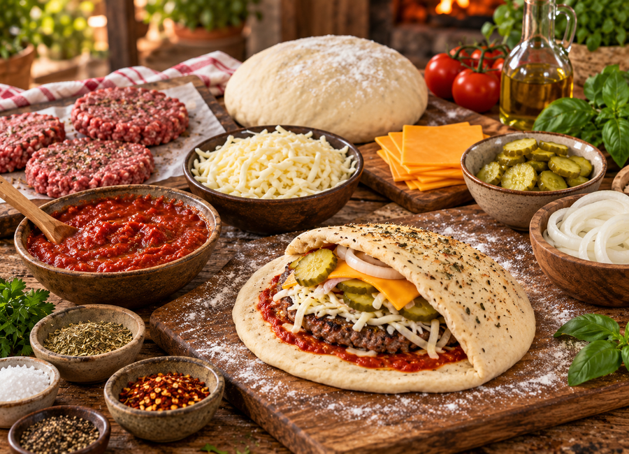 Příprava pizza burgeru z pizzového těsta, hovězího burgeru, sýra a zeleniny