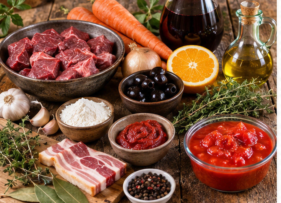 Suroviny na Daube Provençale: hovězí, víno, zelenina, bylinky, rajčata a olivy