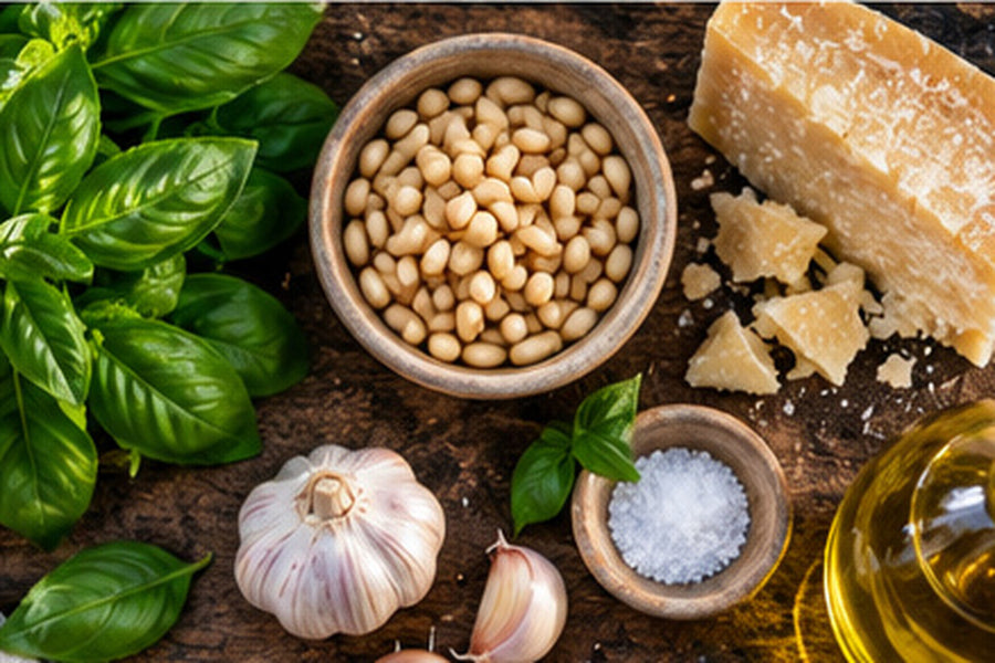 Suroviny na domácí bazalkové pesto – bazalka, piniové oříšky, parmazán, česnek, sůl a olivový olej