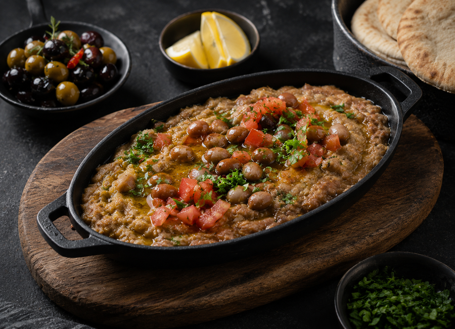 Ful Medames v tmavé litinové misce s rajčaty, bylinkami, olivami, citronem a pita chlebem