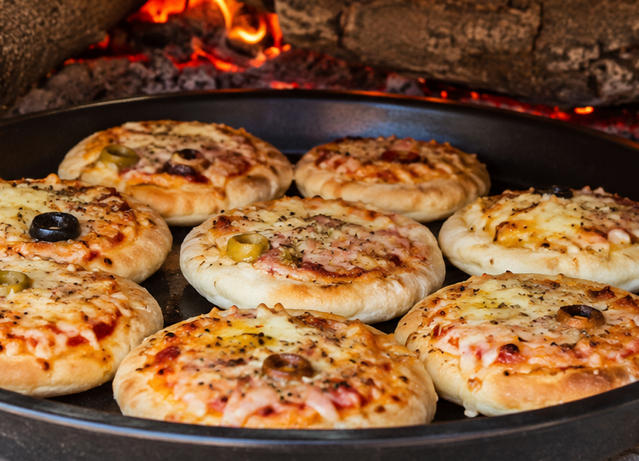 Plech s malymi kulatymi pizzami pri peceni v peci na drevo