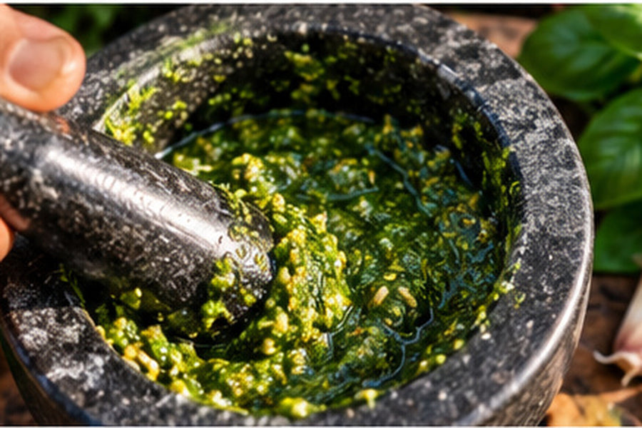 Domácí bazalkové pesto připravované v kamenném hmoždíři