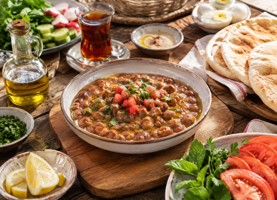 Egyptská snídaně s Ful Medames, pita chlebem, čajem, čerstvou zeleninou a olivovým olejem