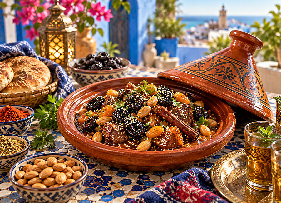 Hotový marocký jehněčí tajine se švestkami, meruňkami a mandlemi