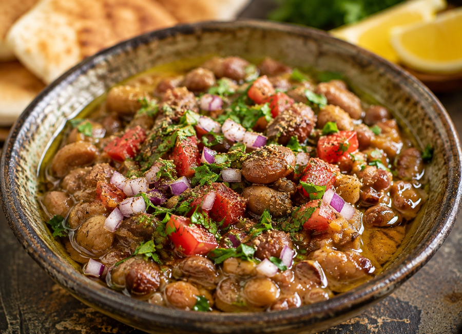 Detail Ful Medames s celými fava fazolemi, rajčaty, červenou cibulí, bylinkami a kořením