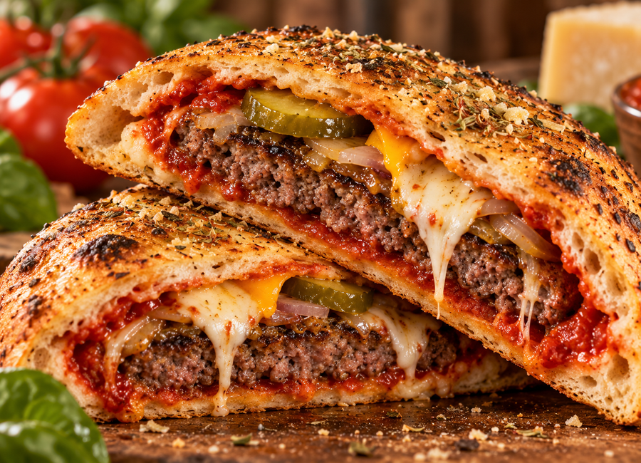 Detail náplně pizza burgeru s hovězím masem, sýrem, okurkou a rajčatovou omáčkou