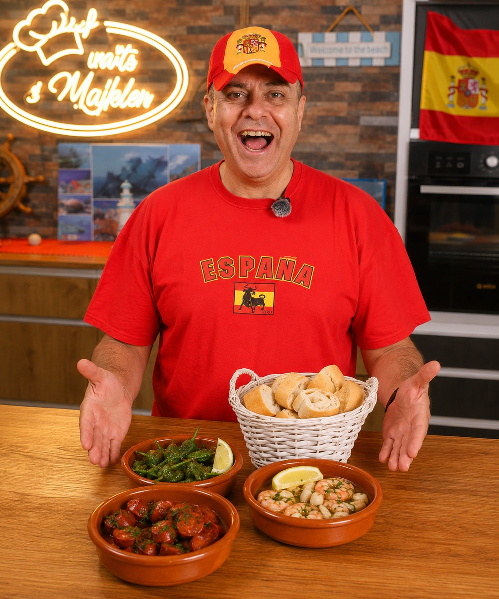 3 španělské tapas: krevety, chorizo a Padrón