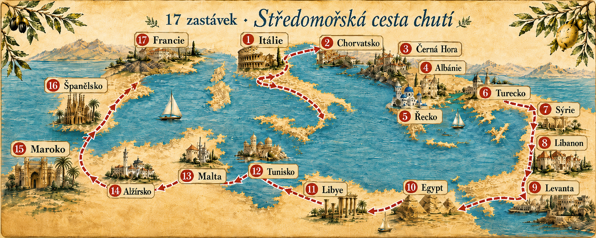 Mapa cesty kolem Středozemního moře se 17 zastávkami