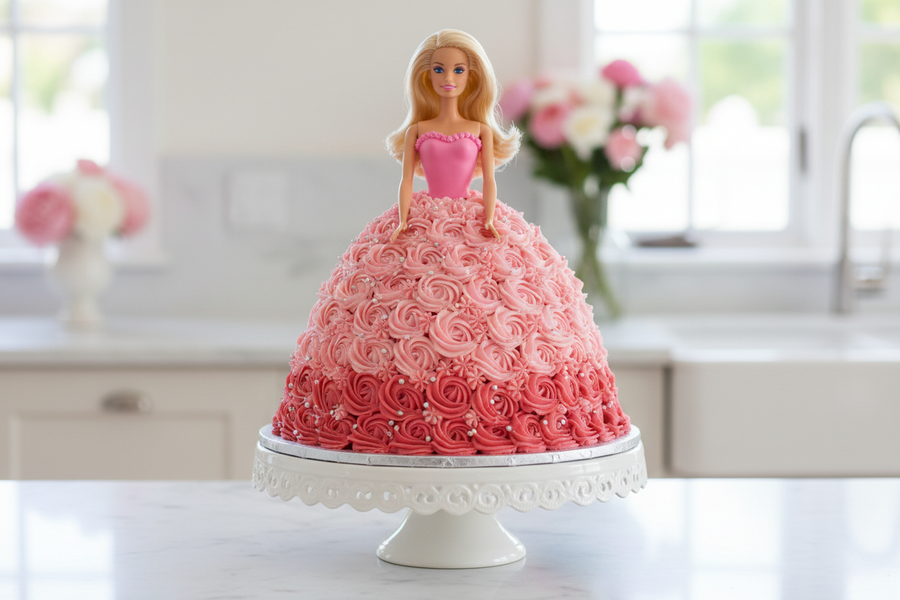 Barbie dort ve tvaru šatů s jahodovým mascarpone krémem