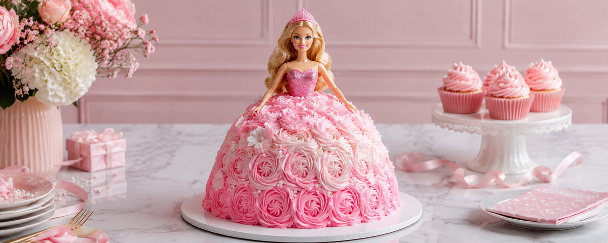 Barbie dort ve tvaru šatů s jahodovým mascarpone krémem
